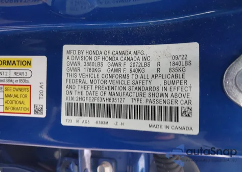 2022 Honda Civic Sport from USA, damaged, VIN 2HGFE2F53NH605127